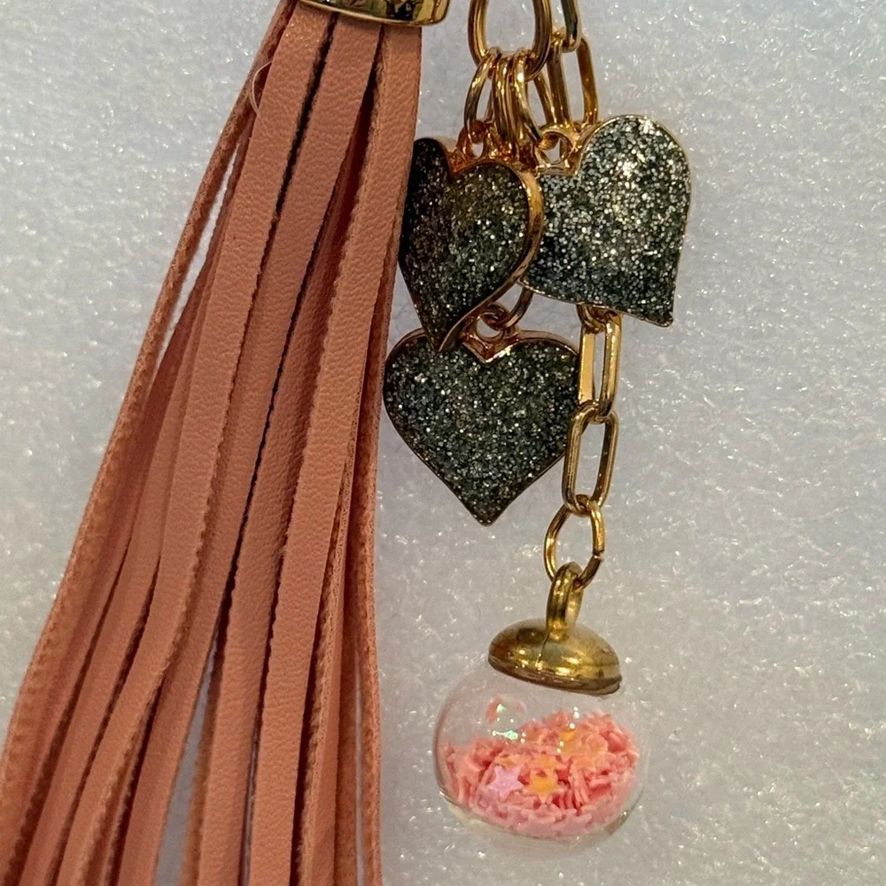 Blush Pink Tassel Keychain w/Glitter Hearts & Sprinkle Globe Charm -New -Unique